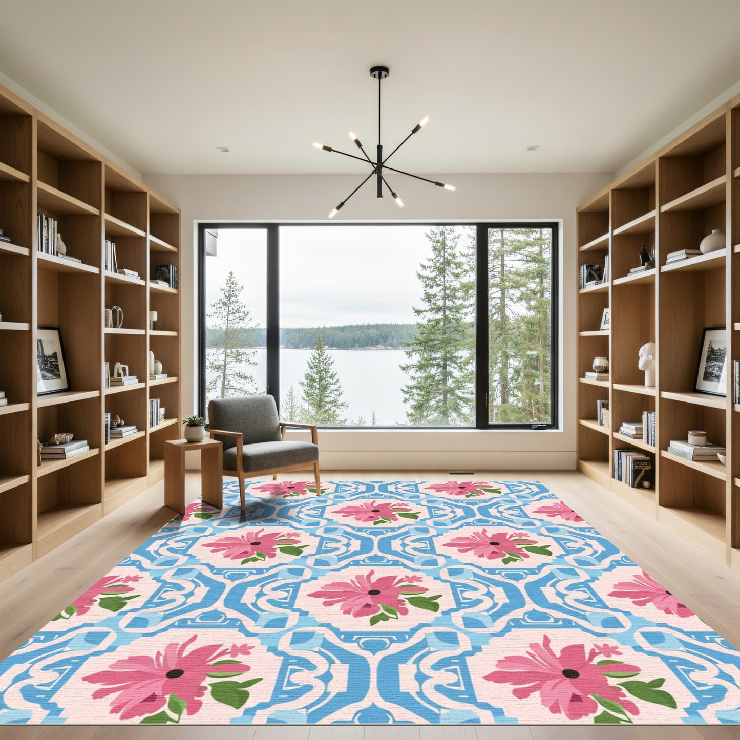 Pink Floral Blue Arch Medallion Rug