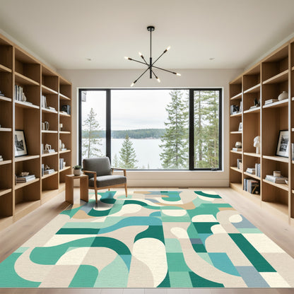 Abstract Teal Cream Geometric Flow Rug