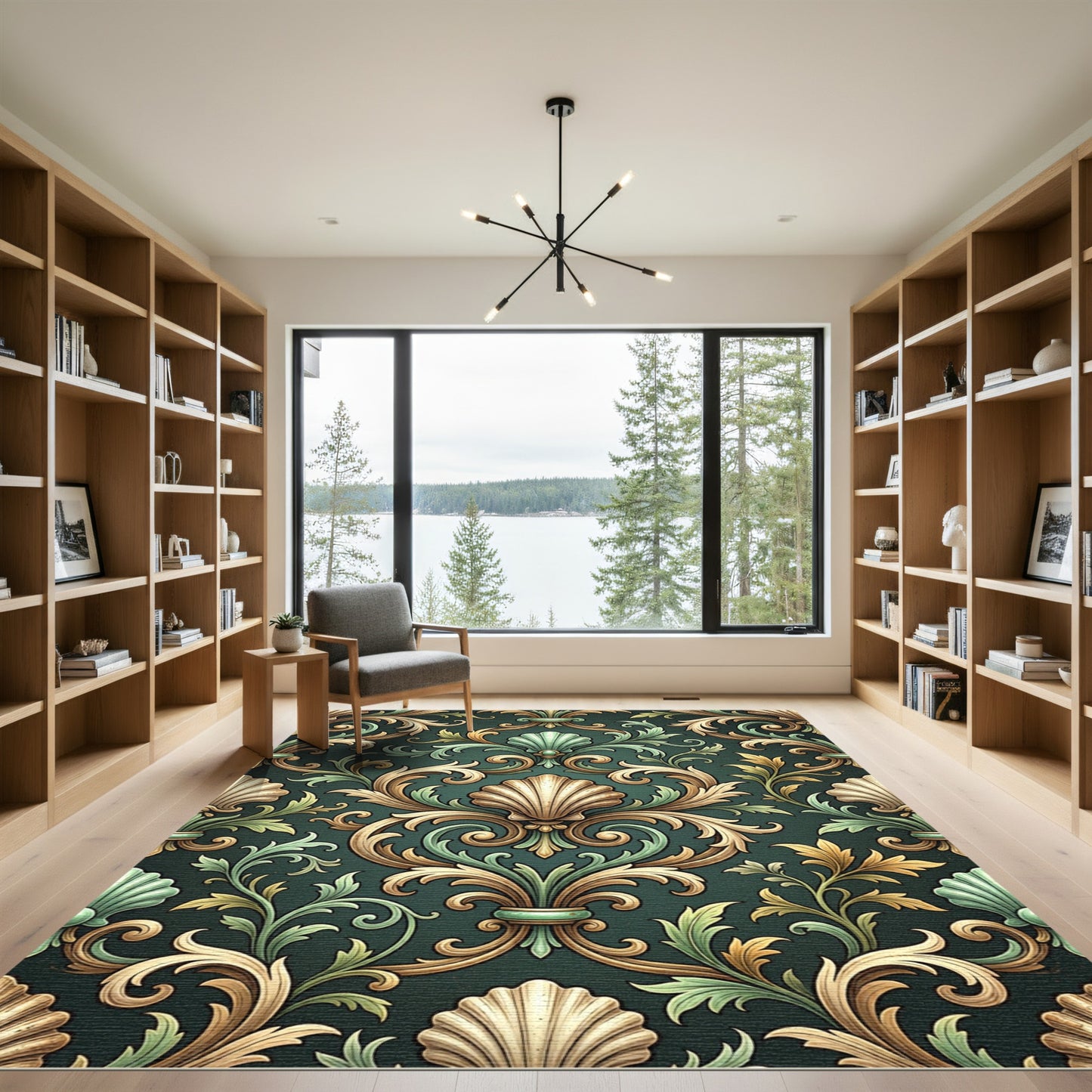 Elegant Sage and Gold Baroque Shell Rug