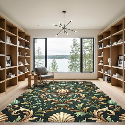 Elegant Sage and Gold Baroque Shell Rug