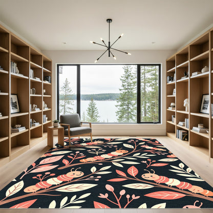 Whimsical Pink Caterpillar Floral Nature Rug
