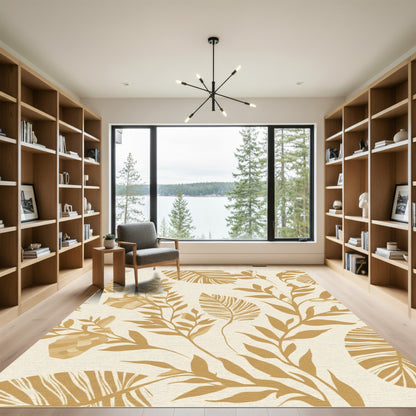 Golden Tropical Leaf Botanical Weave Rug