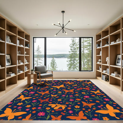 Orange Butterfly Floral Garden Dark Rug