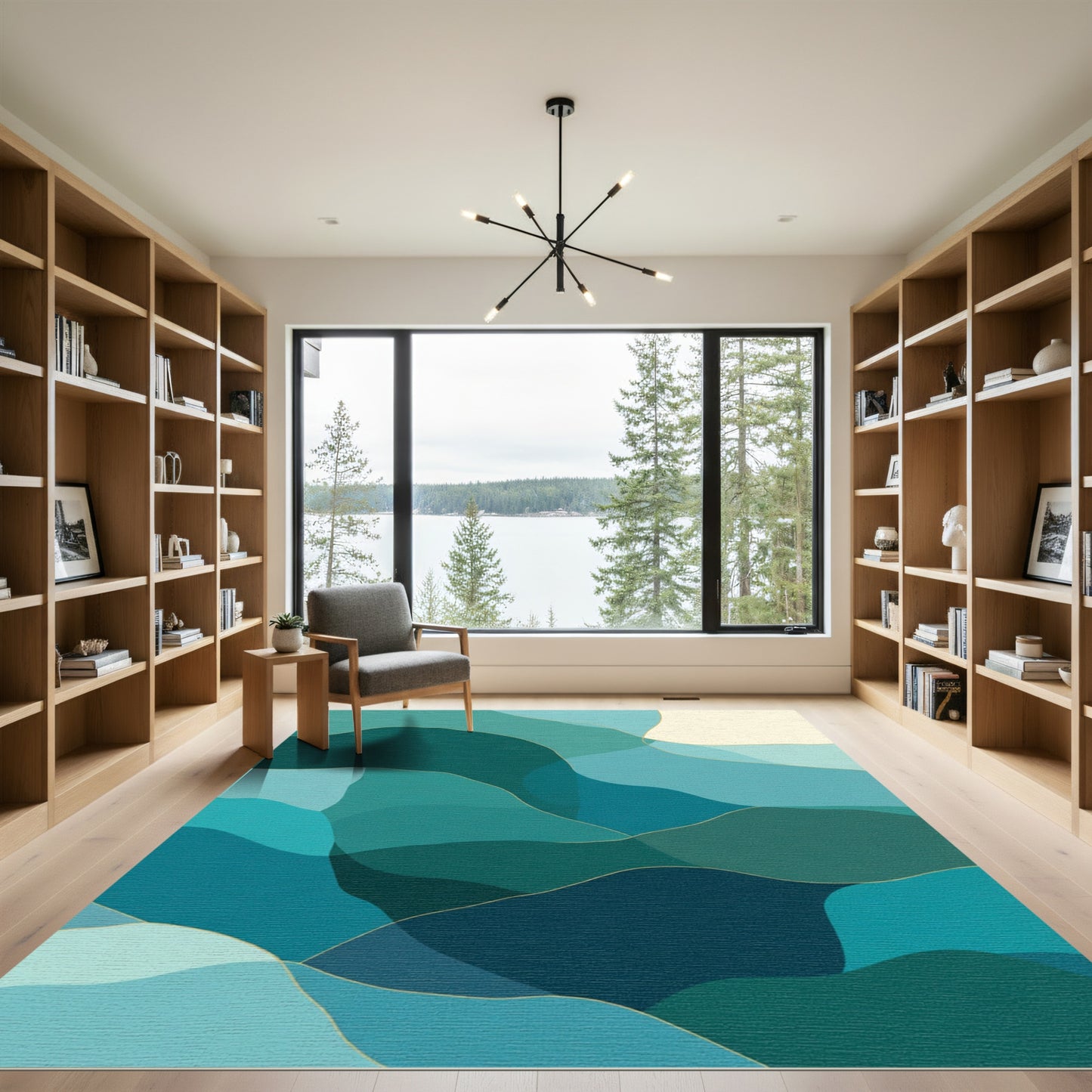 Deep Teal Abstract Wavy Landscape Rug