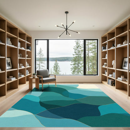 Deep Teal Abstract Wavy Landscape Rug