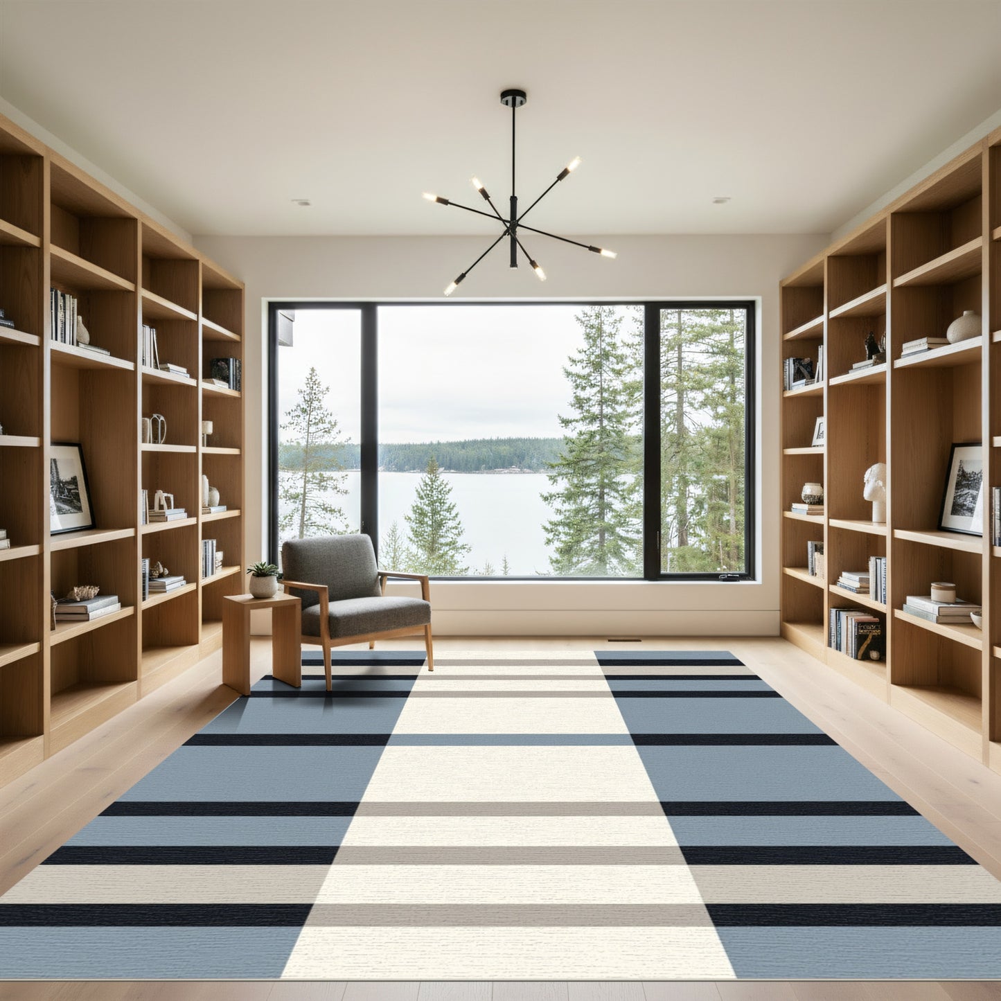 Modern Slate Blue Horizontal Stripe Rug
