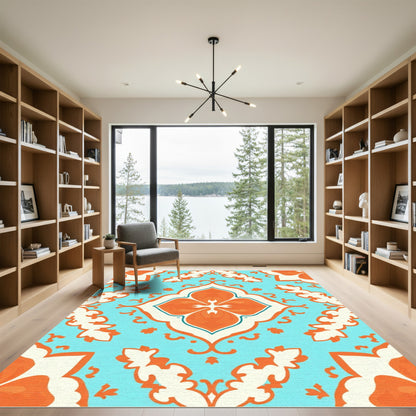 Orange Aqua Medallion Damask Rug