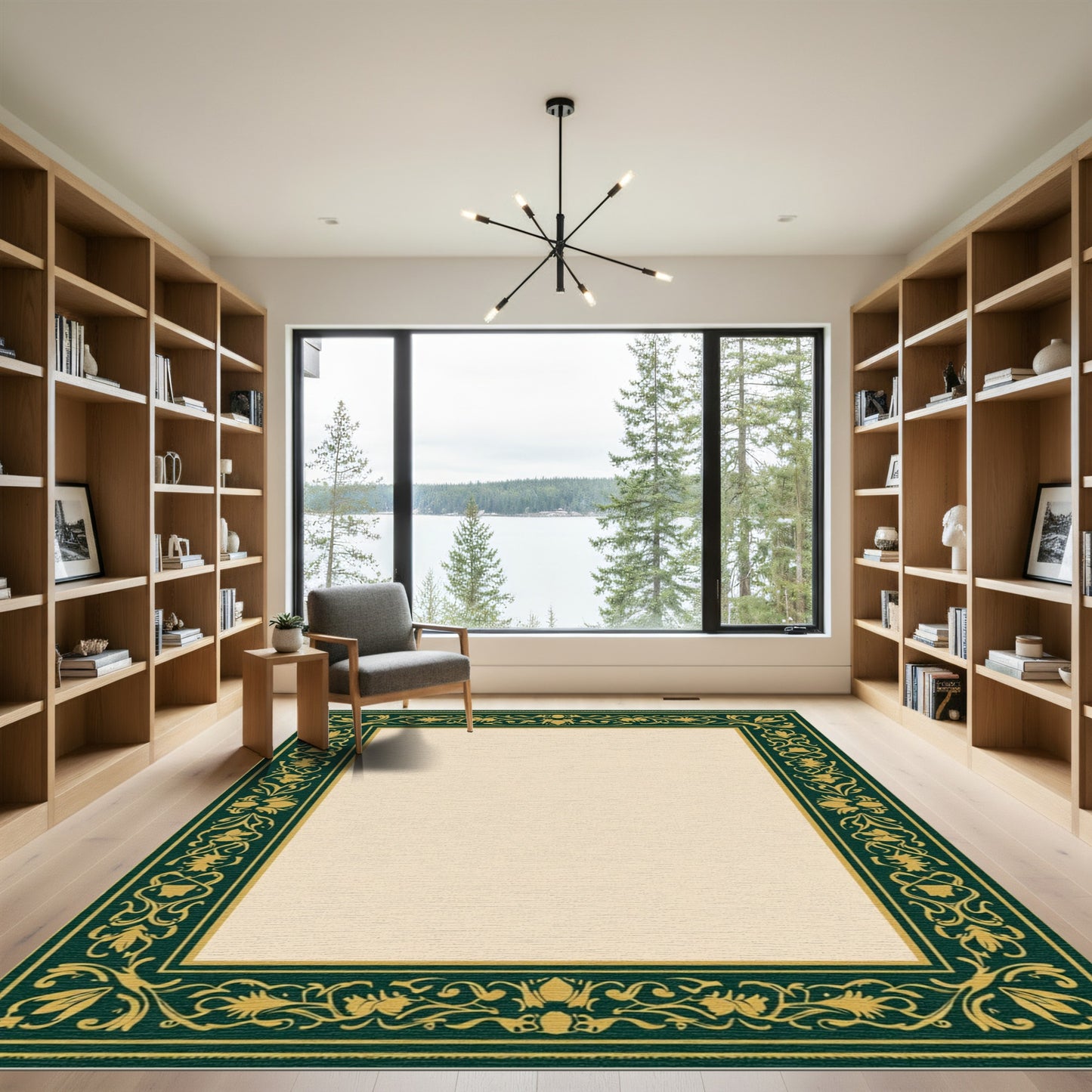 Dark Green Golden Floral Scroll Border Rug