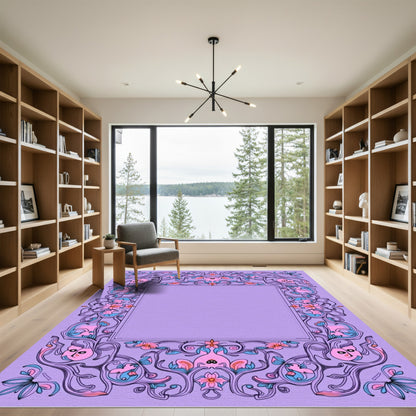 Whimsical Lavender Floral Swirl Frame Rug
