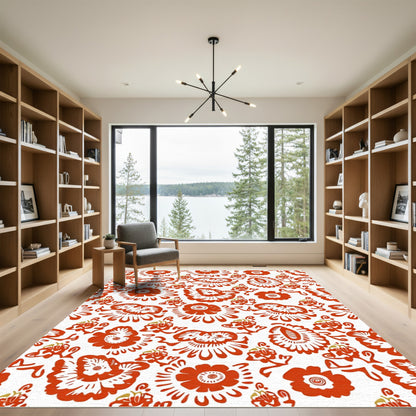 Ornate Red Blossom Folk Art Rug