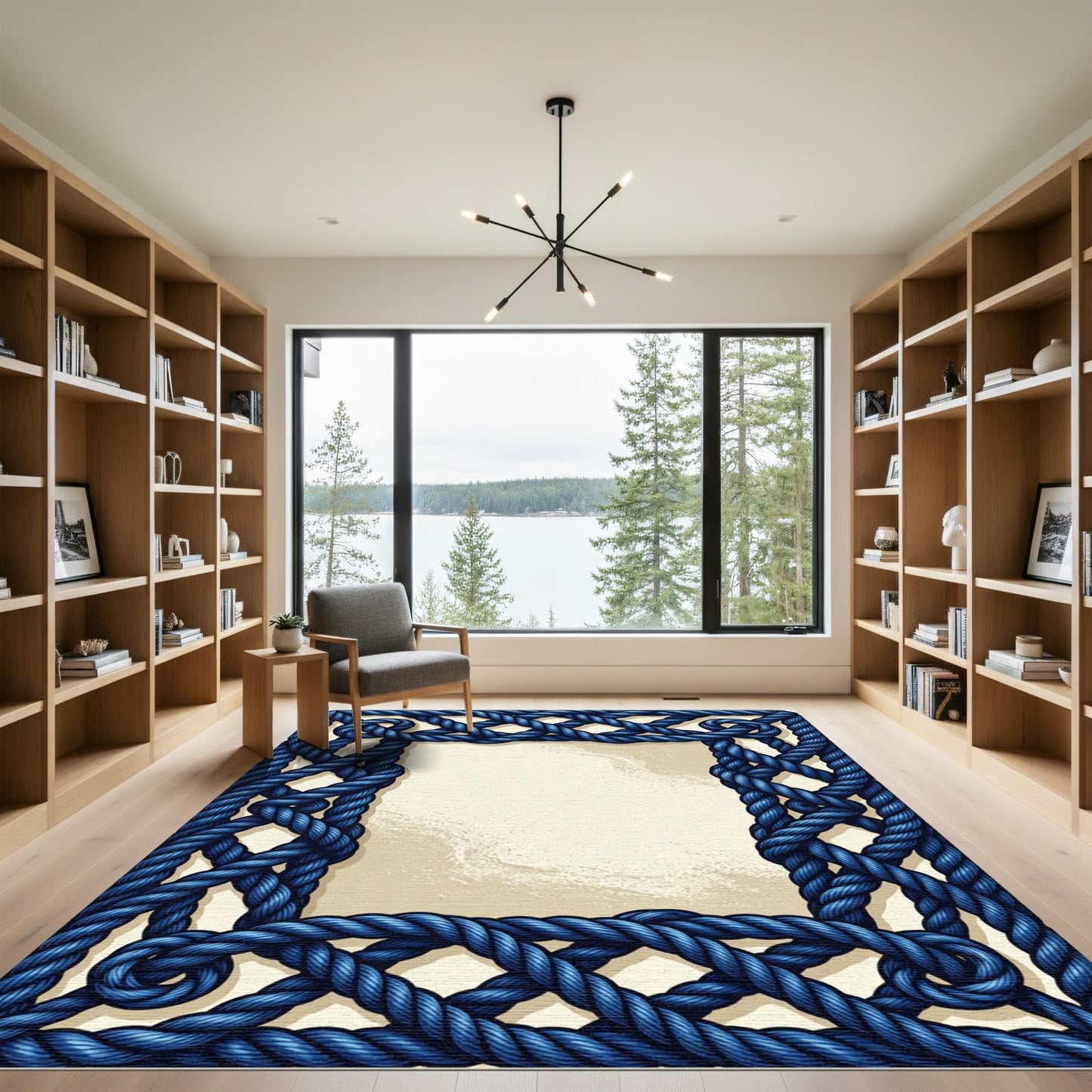 Intricate Blue Braided Rope Border Rug