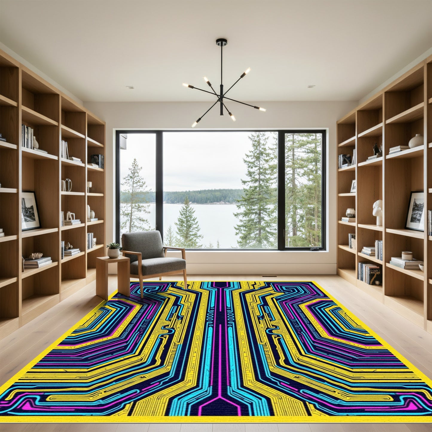 Cybernetic Yellow Blue Circuit Lines Rug