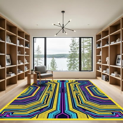 Cybernetic Yellow Blue Circuit Lines Rug