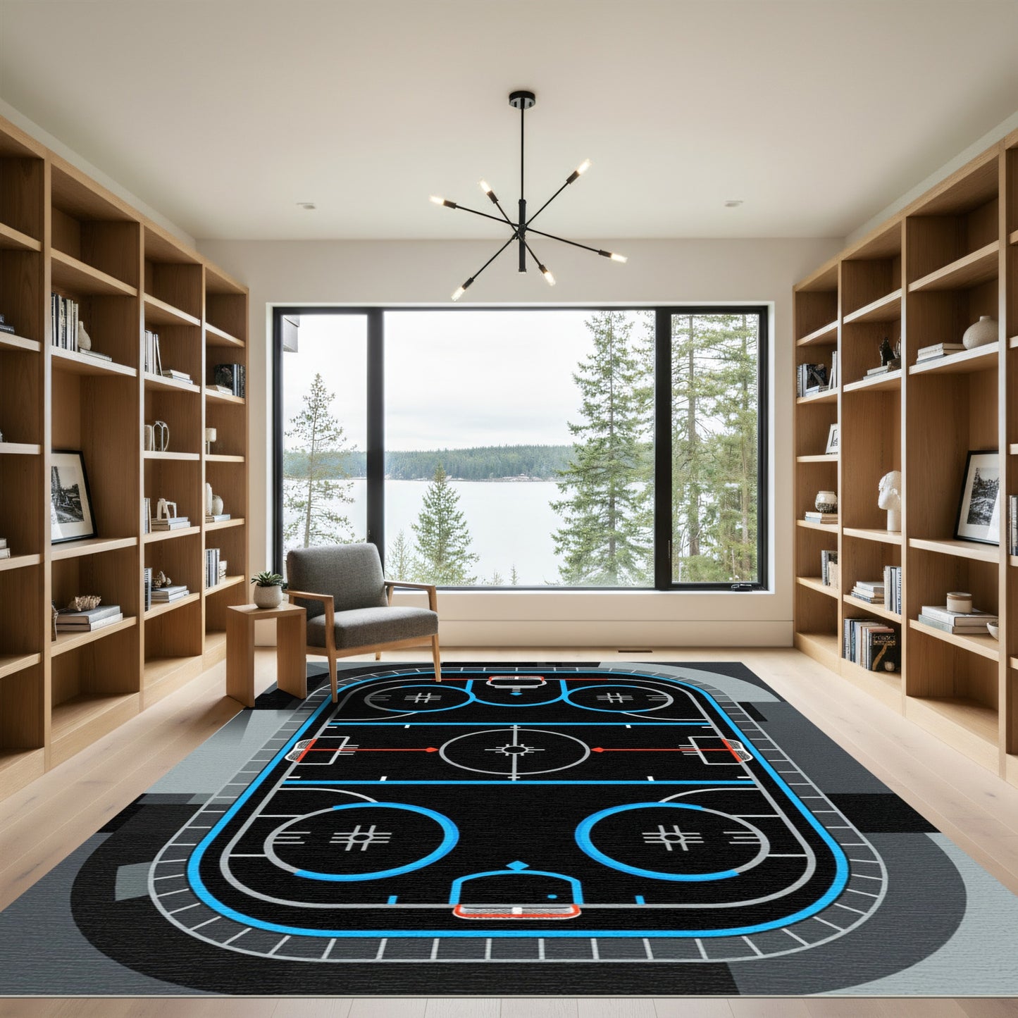 Minimalist Black and Blue Hockey Rink Rug