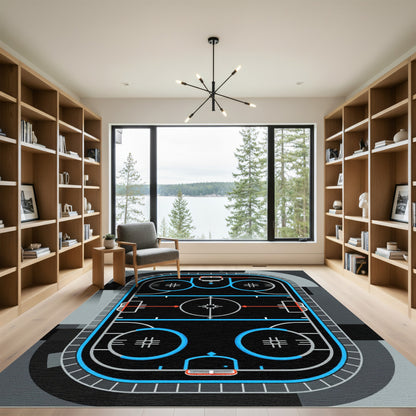 Minimalist Black and Blue Hockey Rink Rug