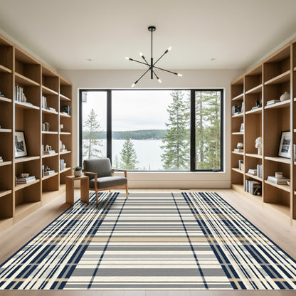 Navy Cream Tan Plaid Stripe Rug