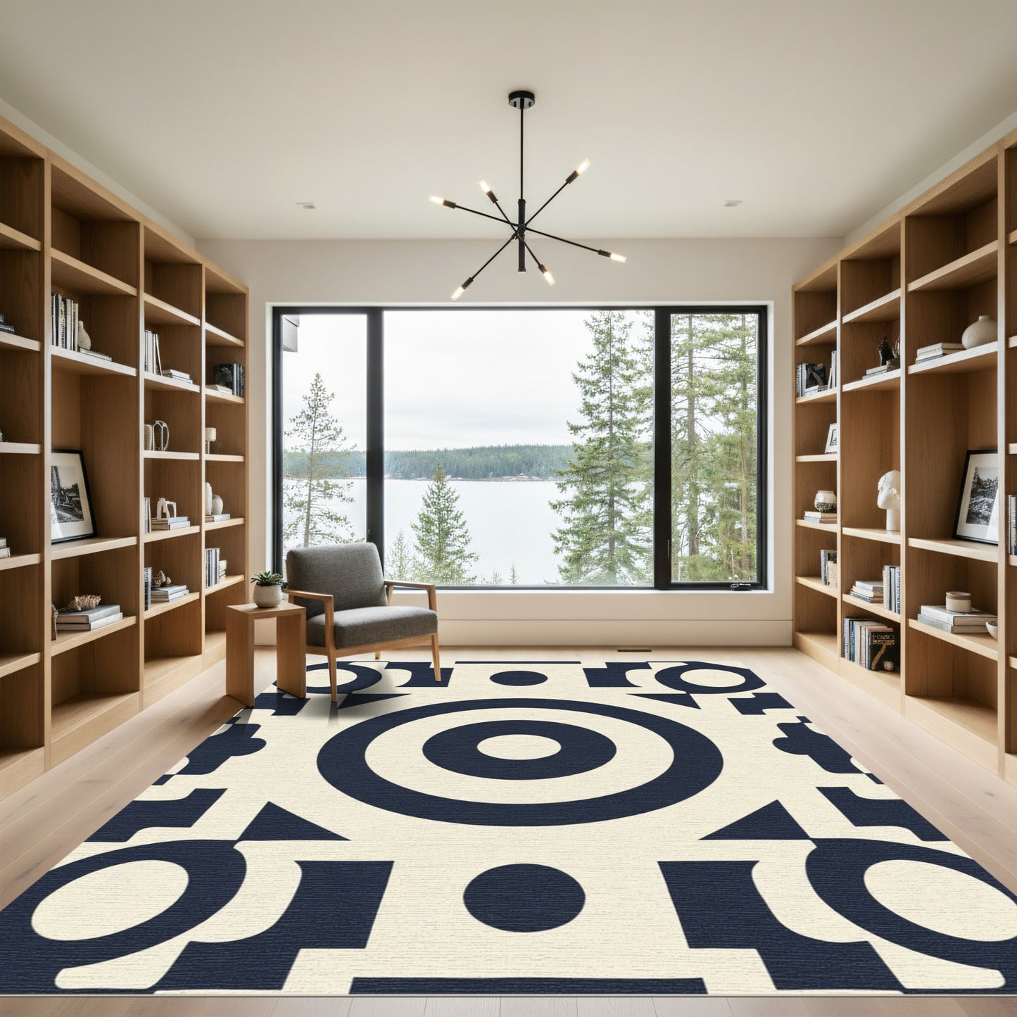 Cream Navy Geometric Concentric Circle Rug