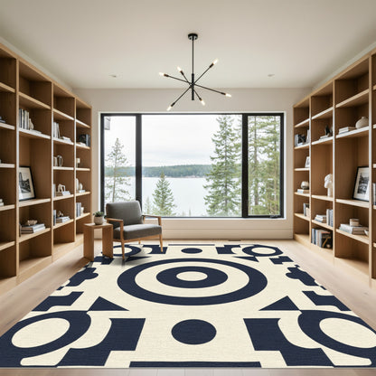 Cream Navy Geometric Concentric Circle Rug