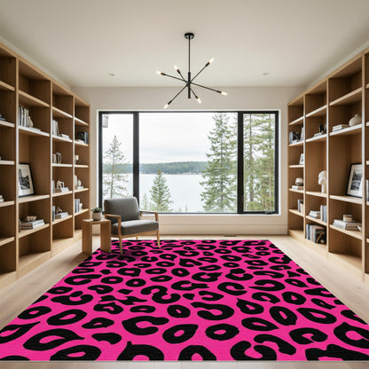Vibrant Pink Black Leopard Spots Rug