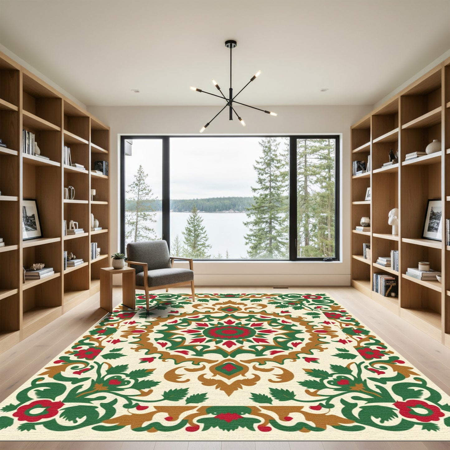 Crimson Green Floral Medallion Composition Rug