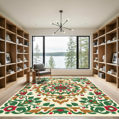 Crimson Green Floral Medallion Composition Rug