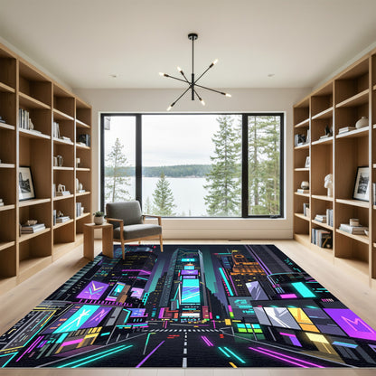 Neon Cyberpunk Cityscape Urban Grid Rug