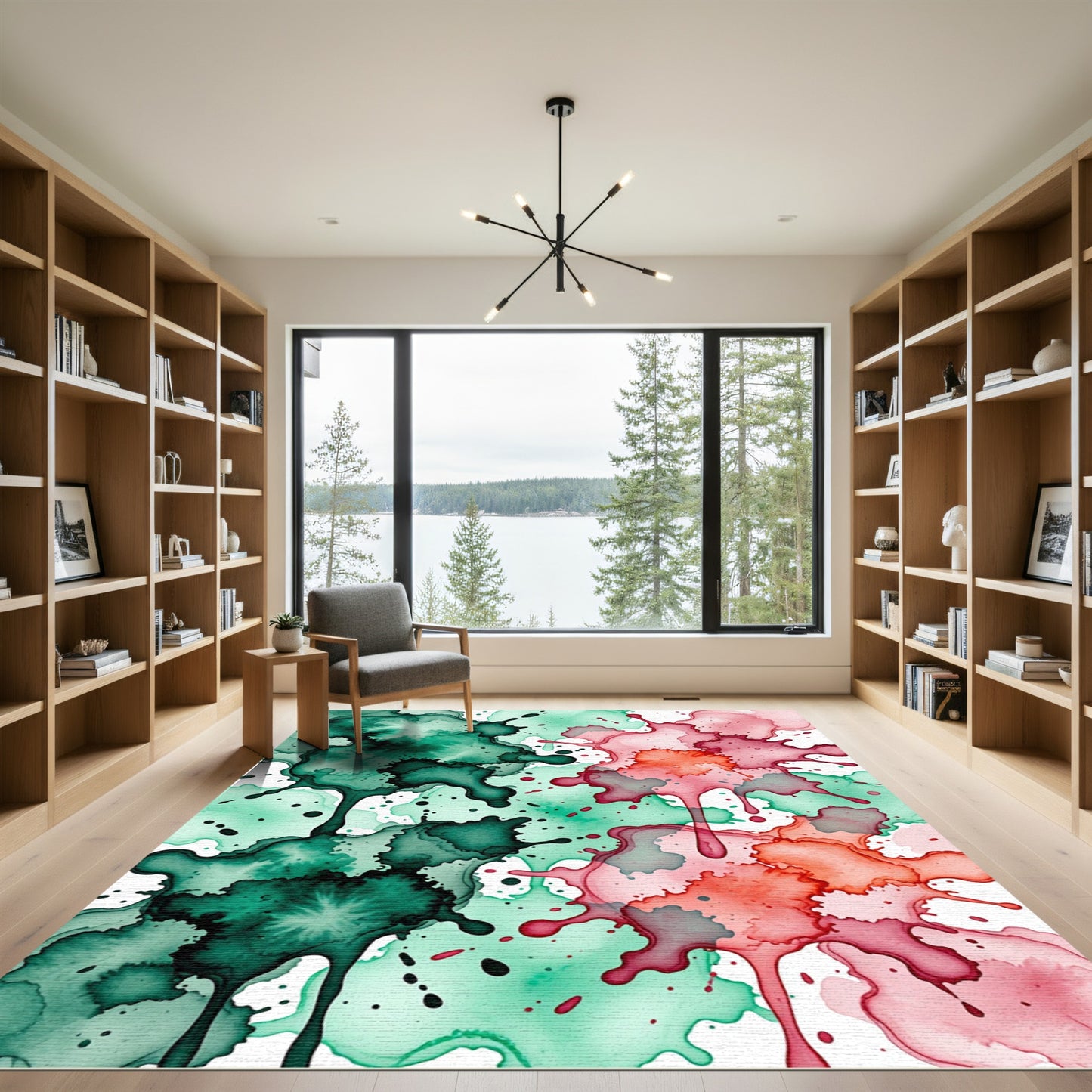 Dynamic Emerald and Crimson Watercolor Splash Rug