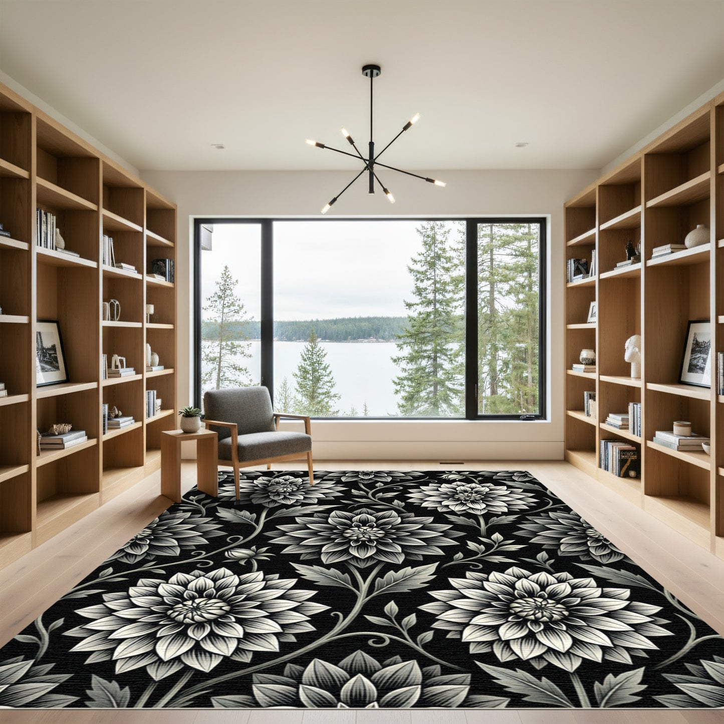 Monochromatic Floral Botanical Black White Rug