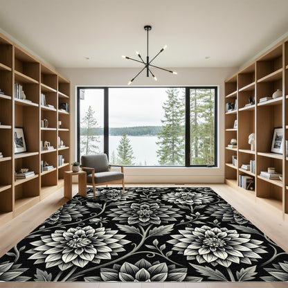 Monochromatic Floral Botanical Black White Rug