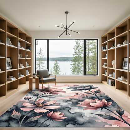 Watercolor Pink and Charcoal Floral Garden Rug