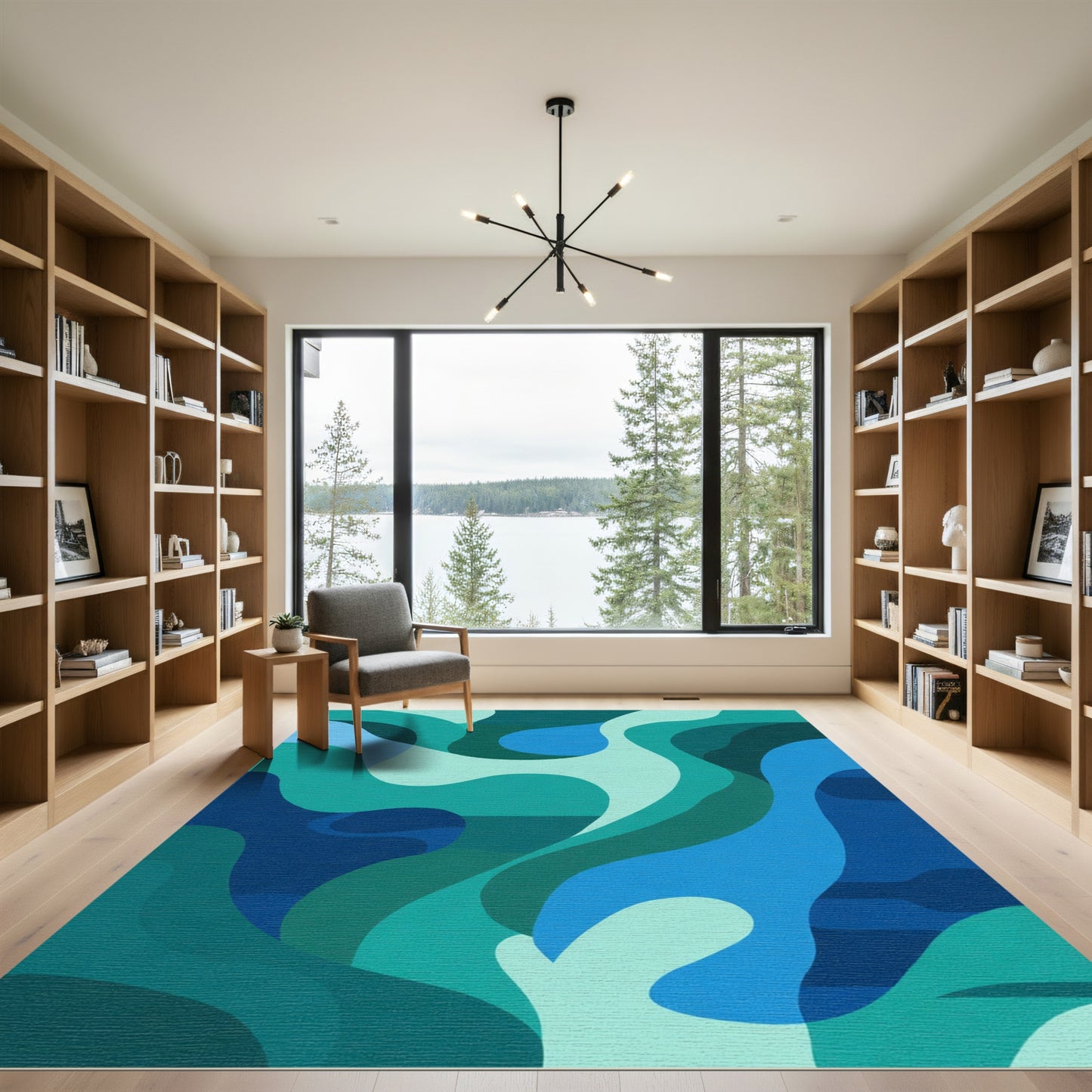 Teal Blue Flowing Abstract Waves Rug