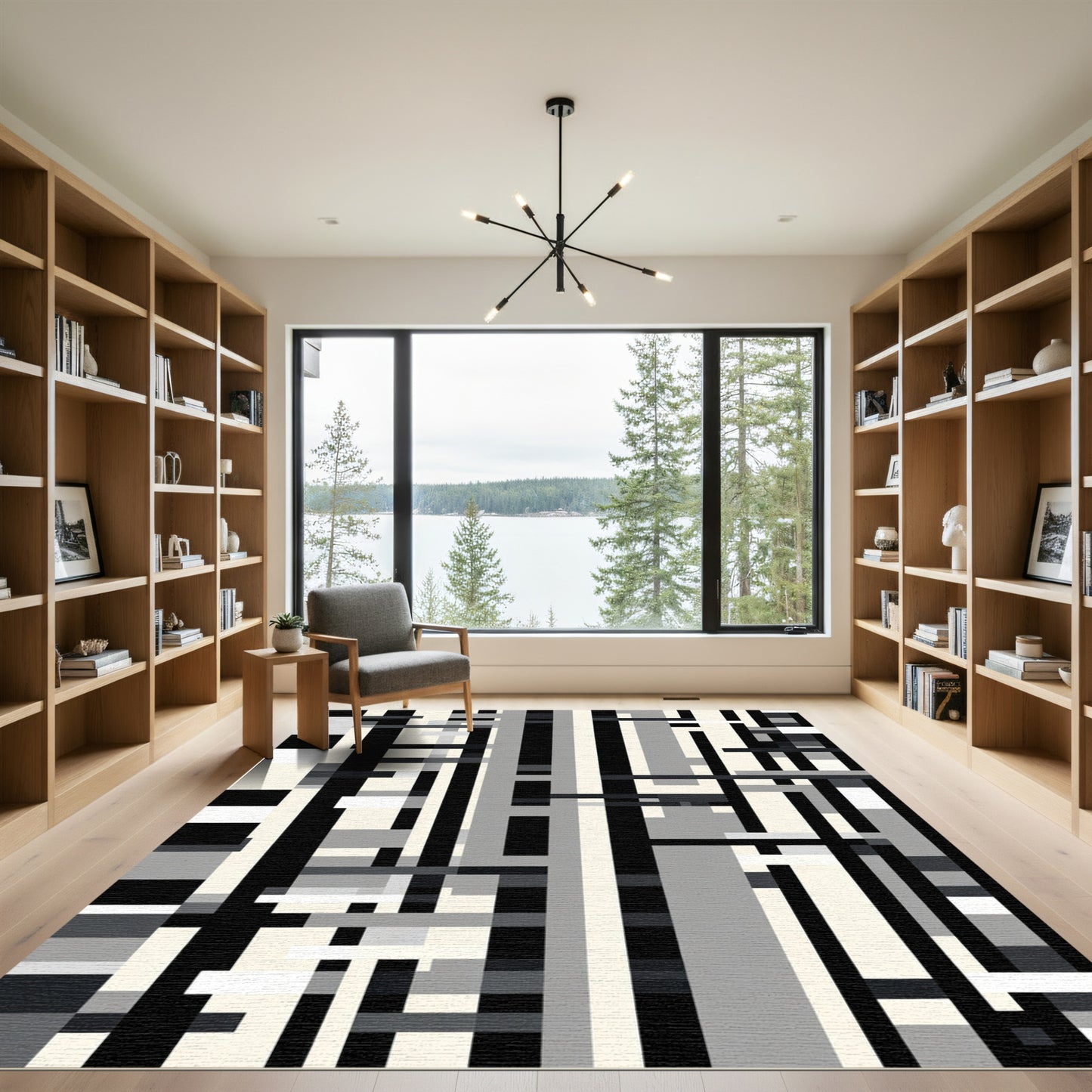 Monochromatic Abstract Geometric Lines Rug