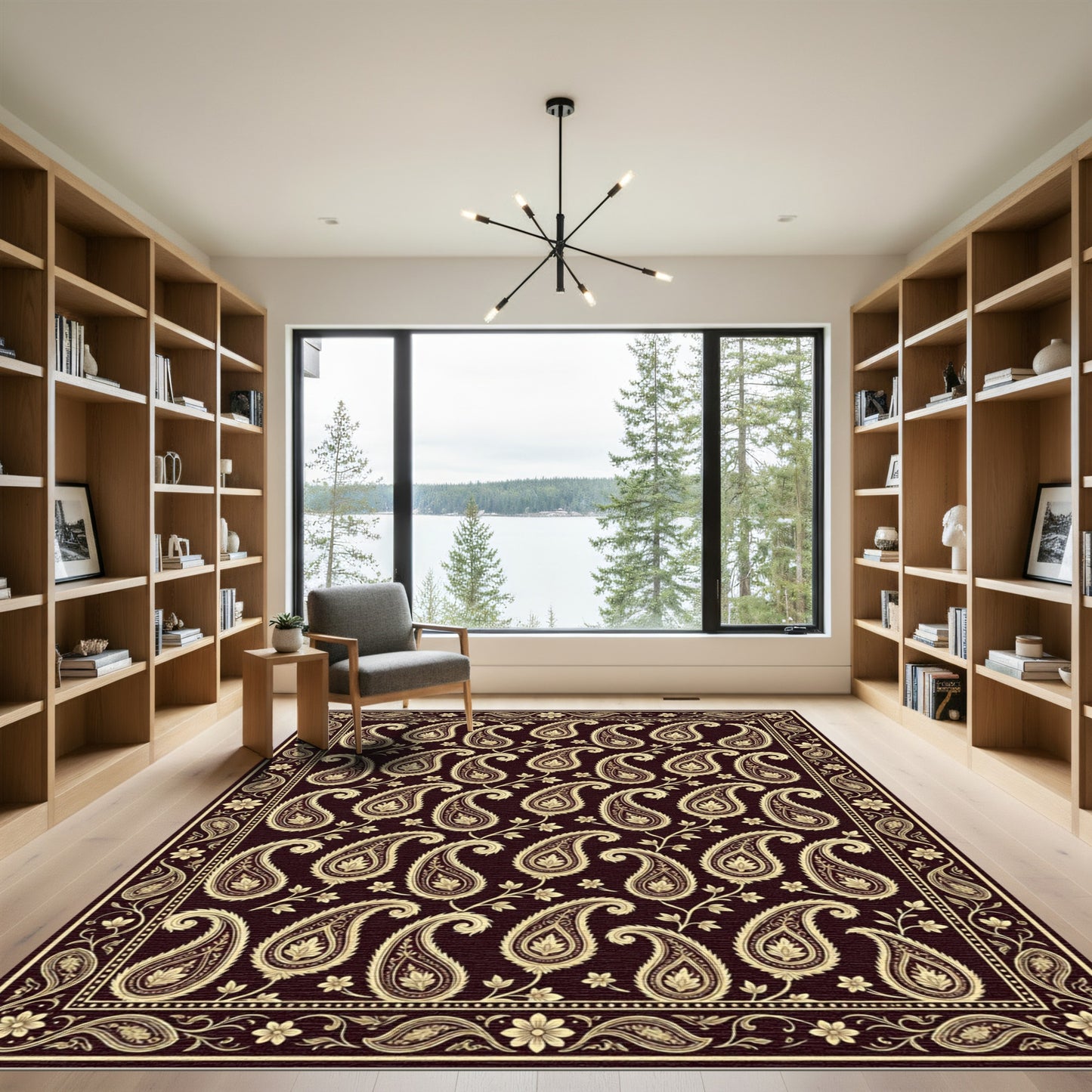 Dark Burgundy Gold Paisley Tapestry Rug