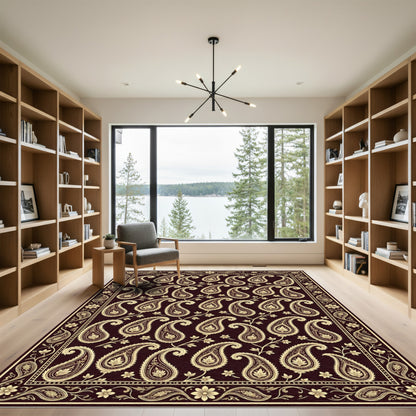 Dark Burgundy Gold Paisley Tapestry Rug
