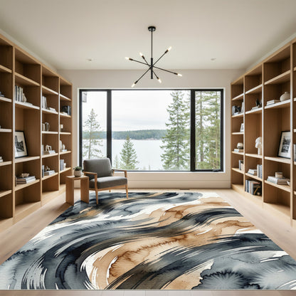 Earthy Blue Abstract Swirling Waves Rug