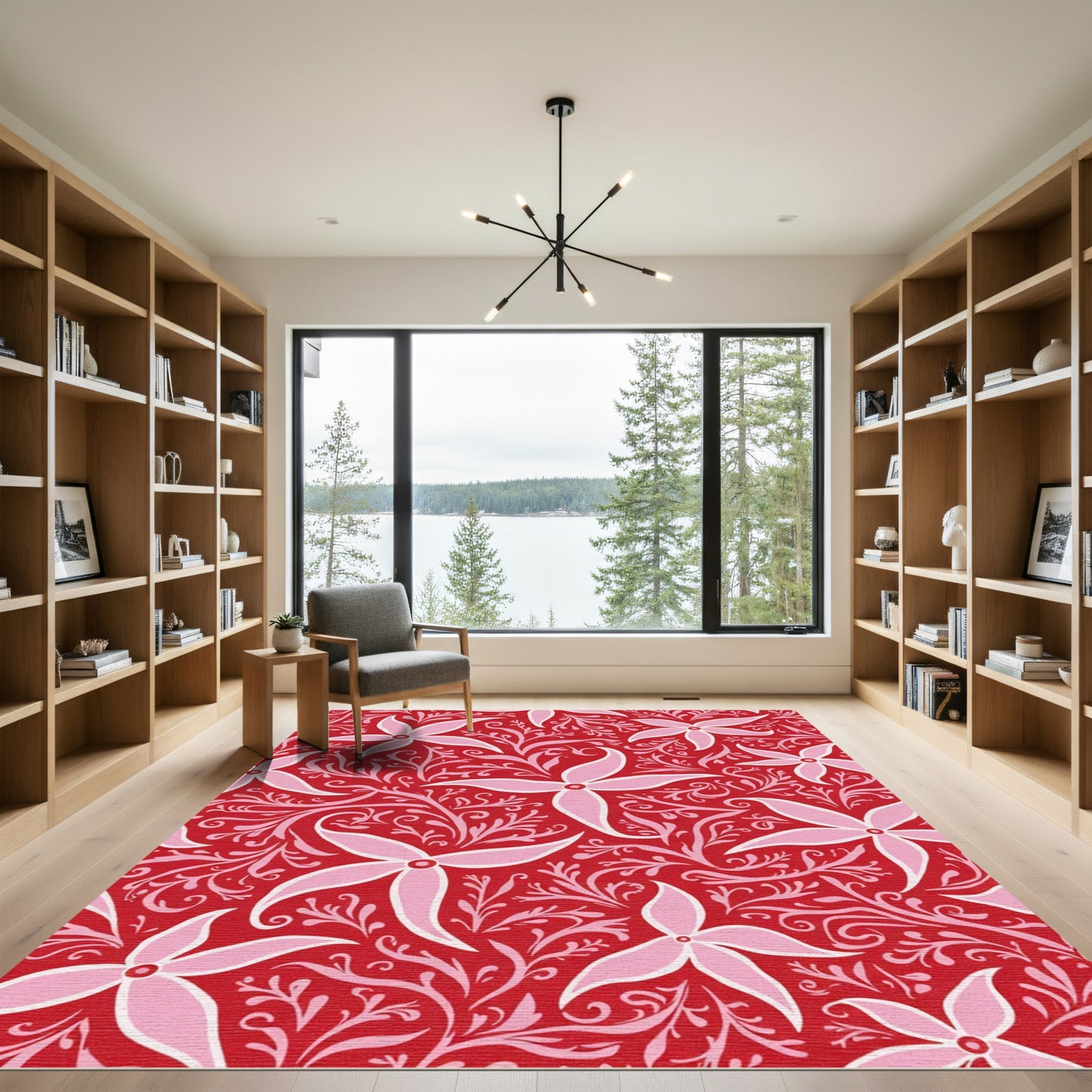 Crimson Pink Starburst Floral Vines Rug