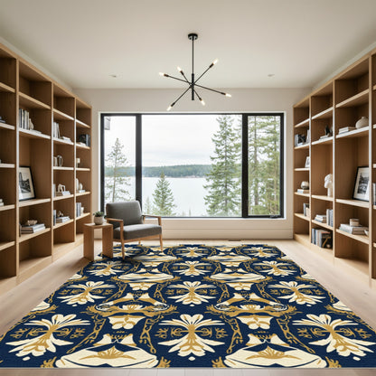 Navy and Gold Art Nouveau Floral Rug