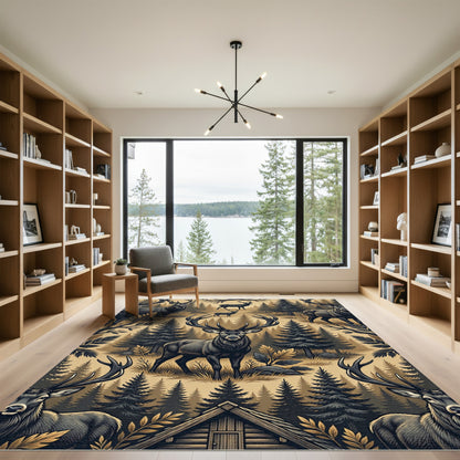 Majestic Antlered Elk Forest Landscape Rug