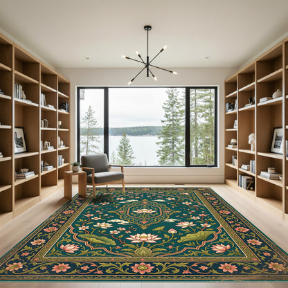 Emerald Lotus Blossom Medallion Floral Rug