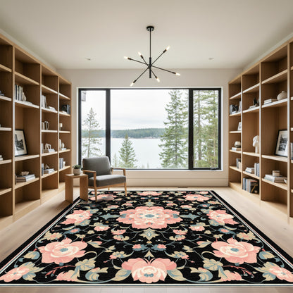 Soft Pink Floral Garden Black Rug