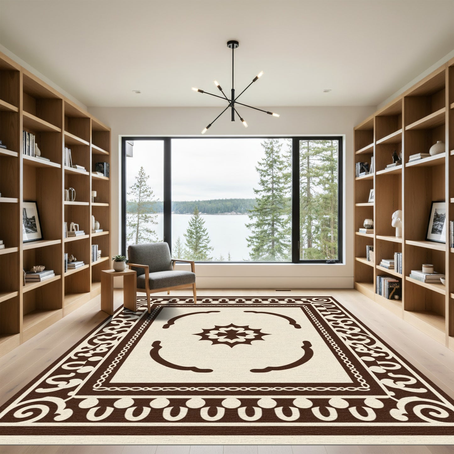 Brown Cream Scrollwork Medallion Square Rug