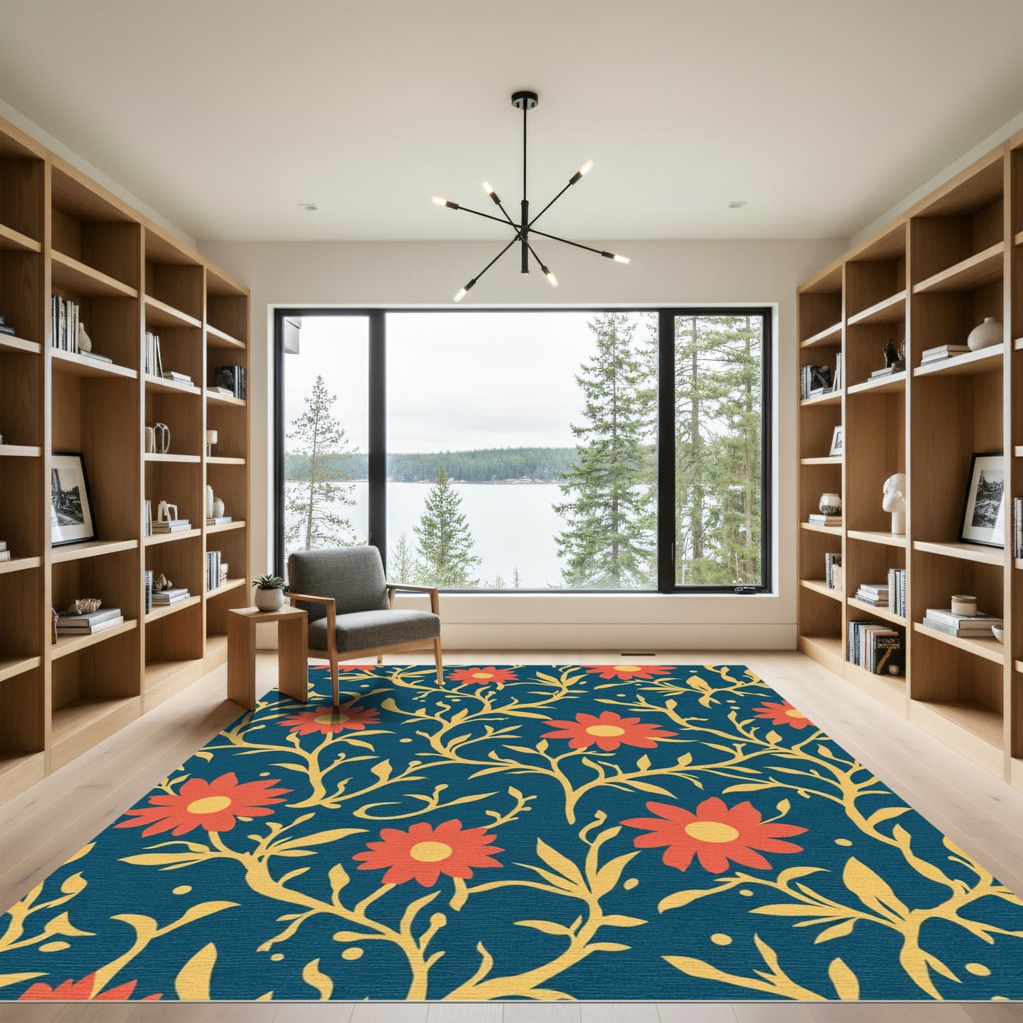 Coral Red Floral Vine Teal Rug