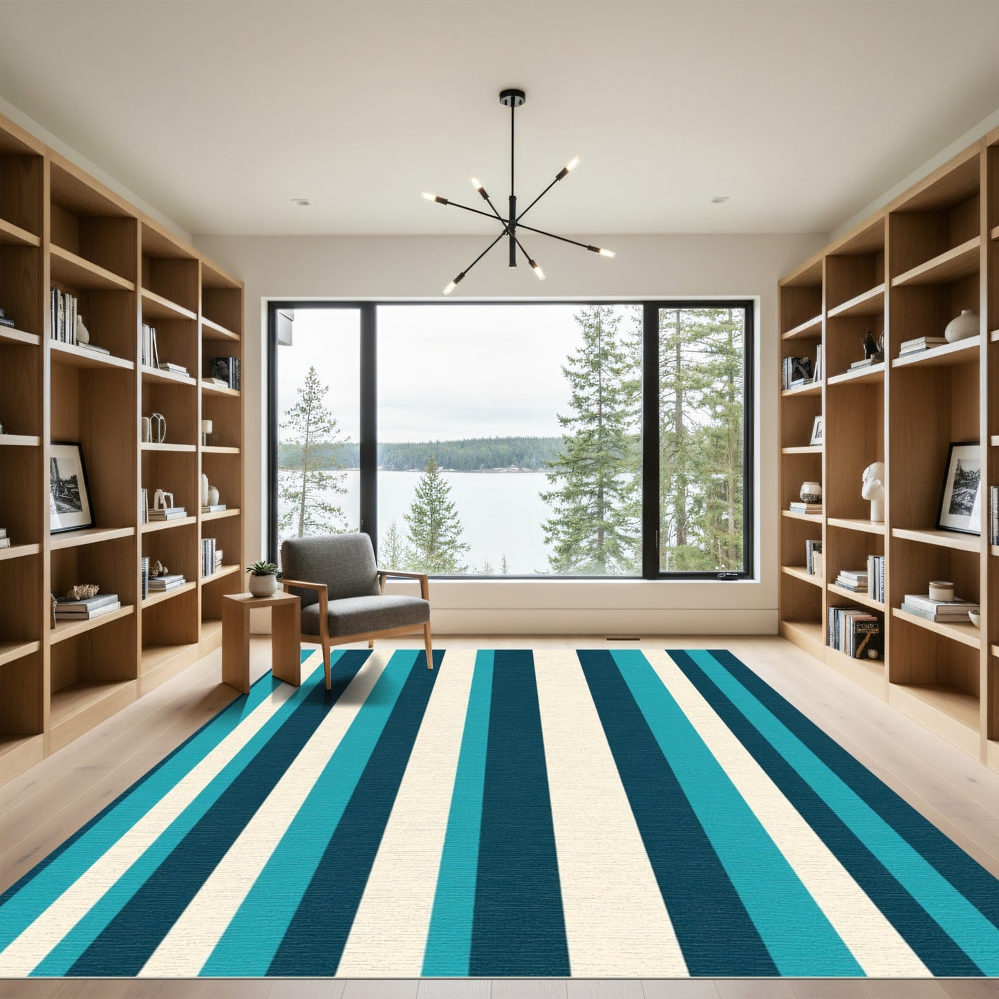 Blue Teal Cream Vertical Stripes Rug