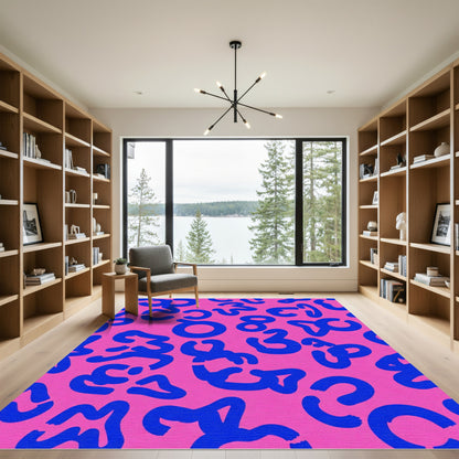 Bold Cyan Brushstroke Abstract Pink Rug