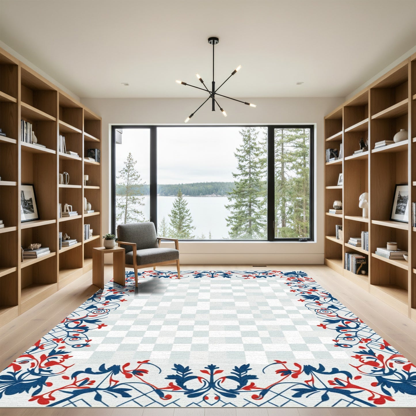 Crimson Blue Vine Scrollwork Border Rug