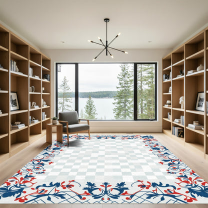 Crimson Blue Vine Scrollwork Border Rug