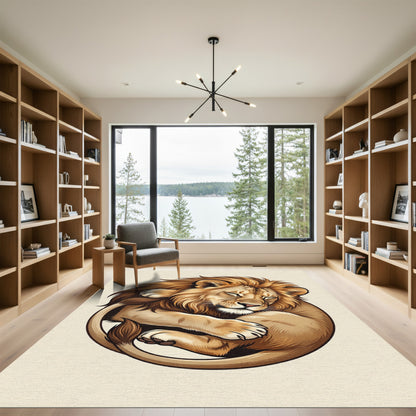 Golden Sleeping Lion Circular Illustration Rug