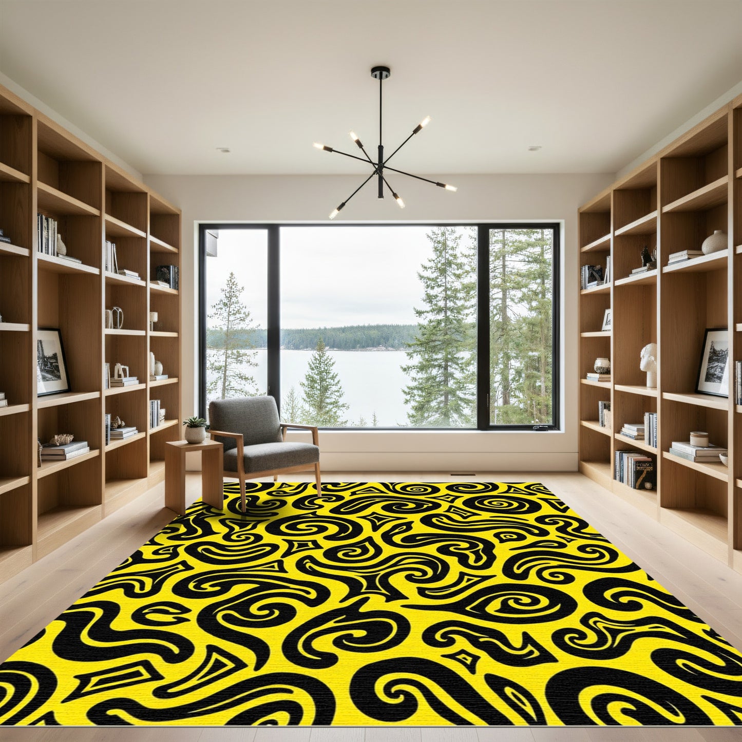 Bold Yellow Black Abstract Swirls Rug