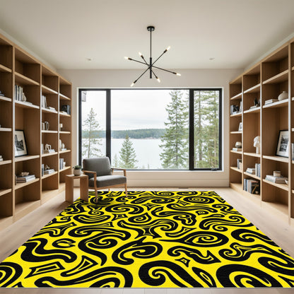 Bold Yellow Black Abstract Swirls Rug