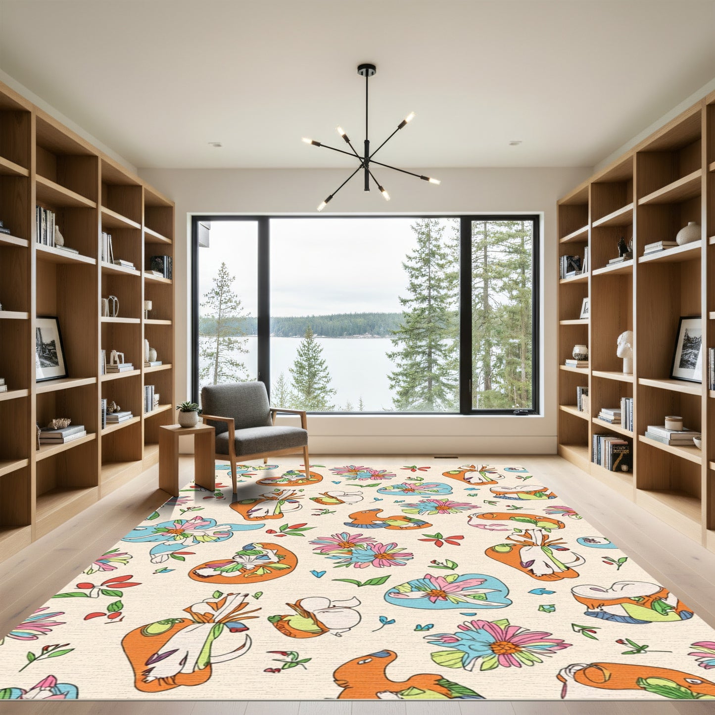 Whimsical Orange Floral Whimsical Animals Rug